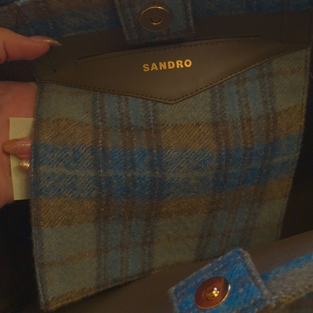 NWT Sandro Tartan Kasbah Wool Tote Blue And Green Large With Handles - Picture 7 of 16